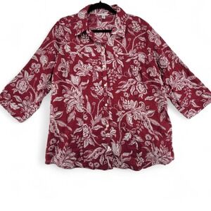 Croft & Barrow 1X‎ Button Front Shirt Red White Floral Blouse 3/4 Sleeve Plus